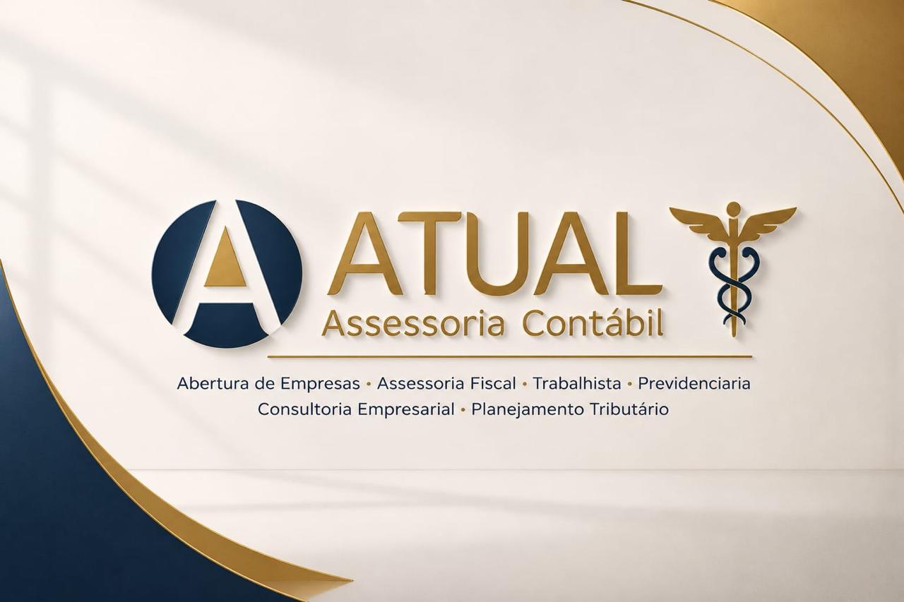 Identidade visual original da ATUAL Assessoria Contábil, nas cores azul-marinho e dourado.
